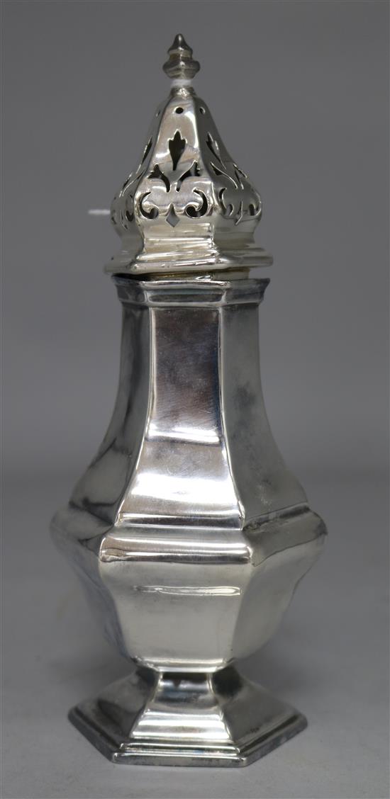 A George V silver hexagonal sugar caster,